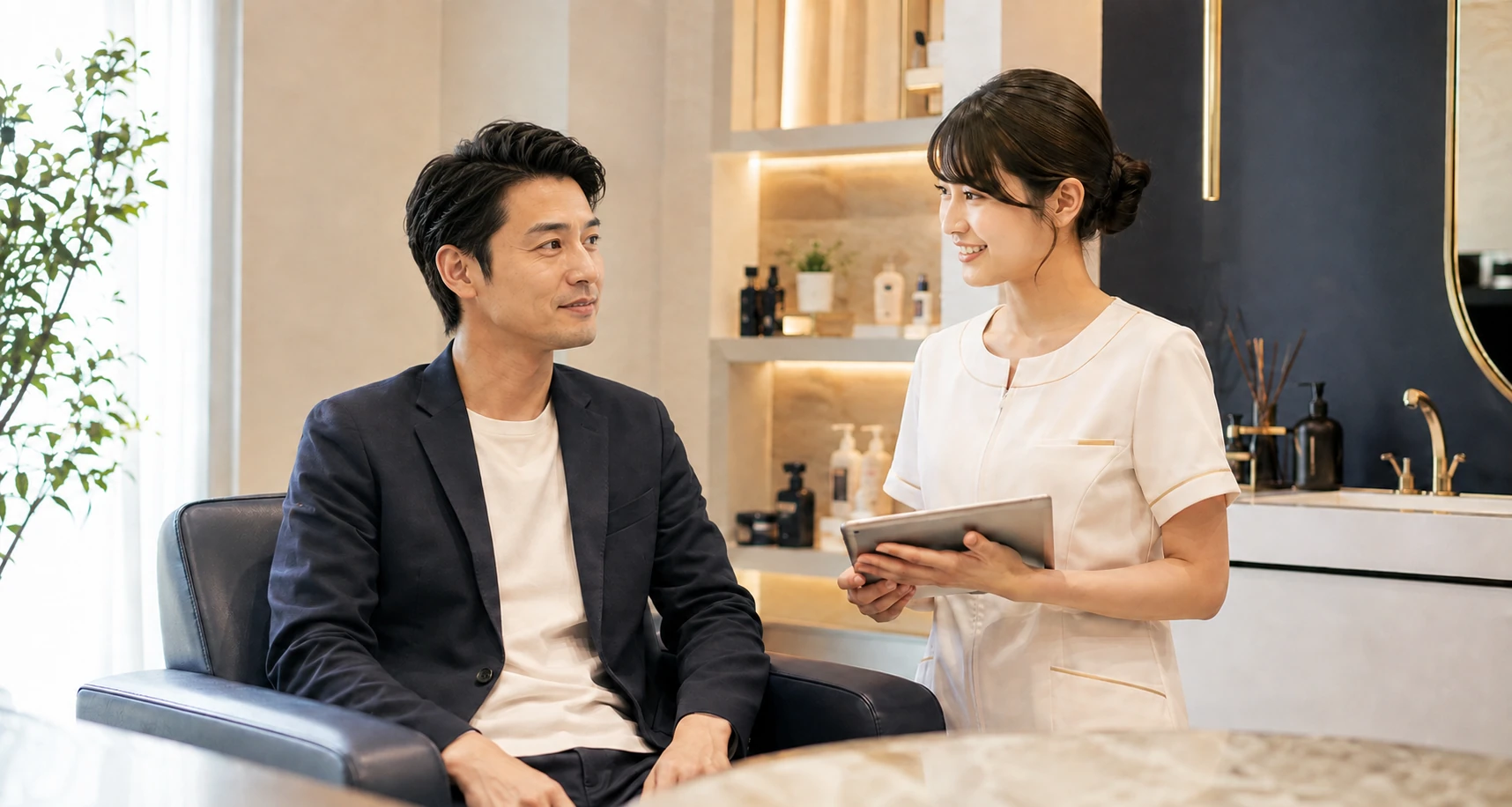 スタッフが男性の身だしなみケアを提案するイメージ